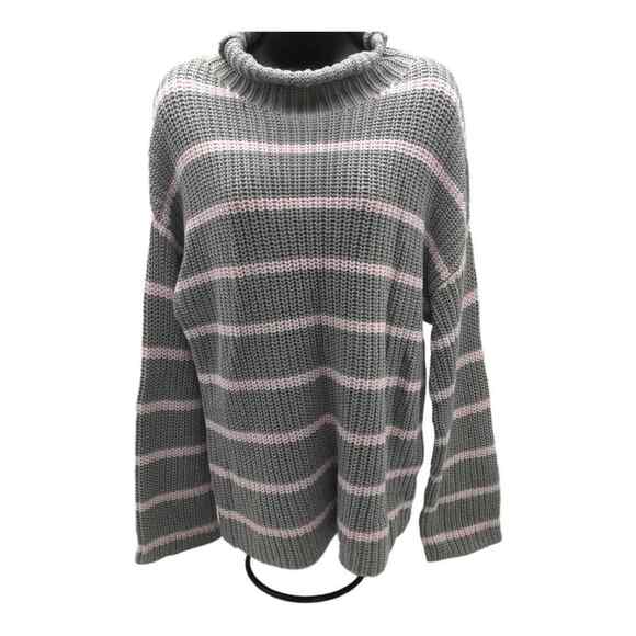 Caslon Womens Medium Sweater Gray Pink Stripe Mock Neck Chunky Knit NWT - Picture 1 of 16